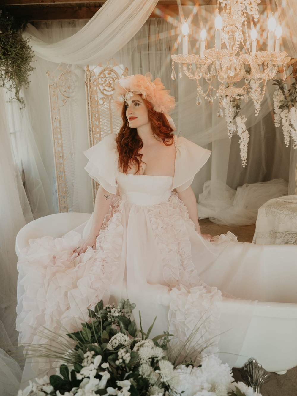 Selkie Blush Riviera Pink Ruffled Ball Gown Dress with removable sleeves - Picture 4 of 7